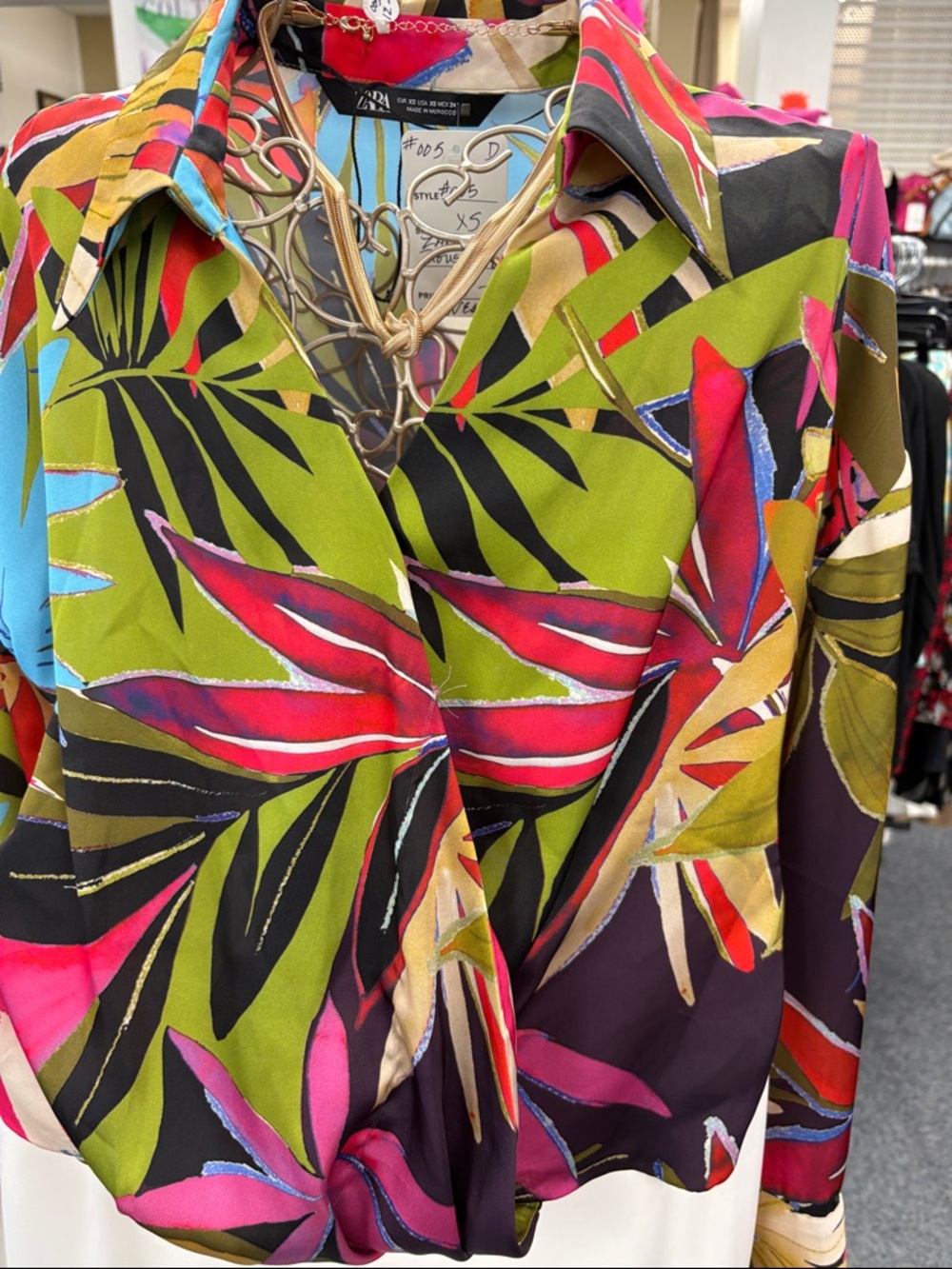 Zara Multicolor Tropical Leaf Wrap Blouse — Olive, Fuchsia & Black Accents